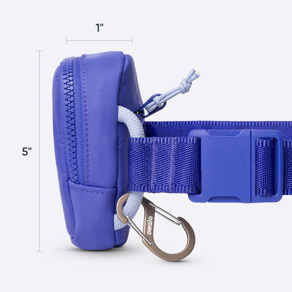 Owala Daily Crossbody in Al Fresco, light blue textured pouch dimensions diagram showing 1 inch by 5 inches with matching blue webbing strap